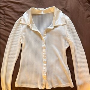 Cream Ribbed Button-Up Long Sleeve Top